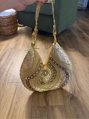 Gold Embellished Beaded Shoulder Bag - Elegant Evening Purse